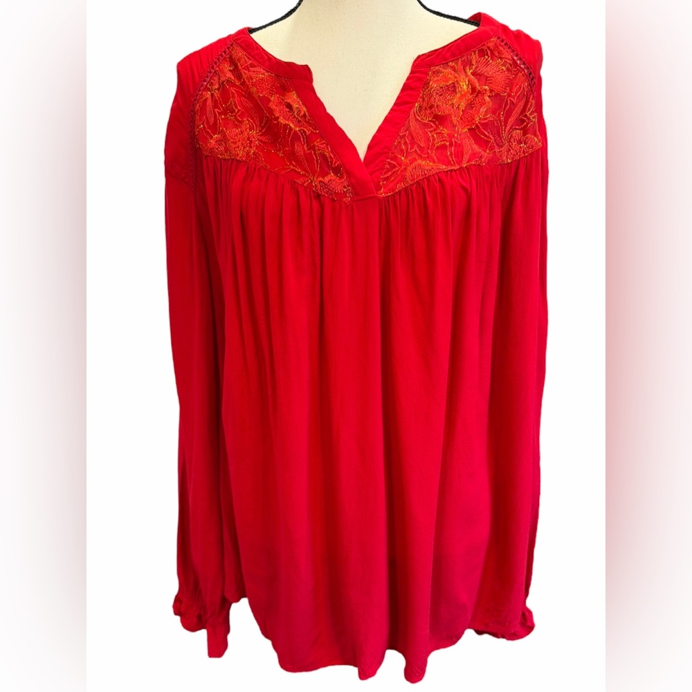 Cato Womens Top Plus Size 26W 28W Red Long Sleeve V-Neck Flowy